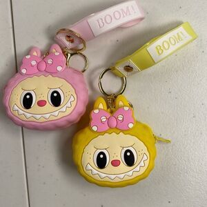 NWT Set of 2 Labubu Silicone Coin Holder Key Chain - Pink and Yellow